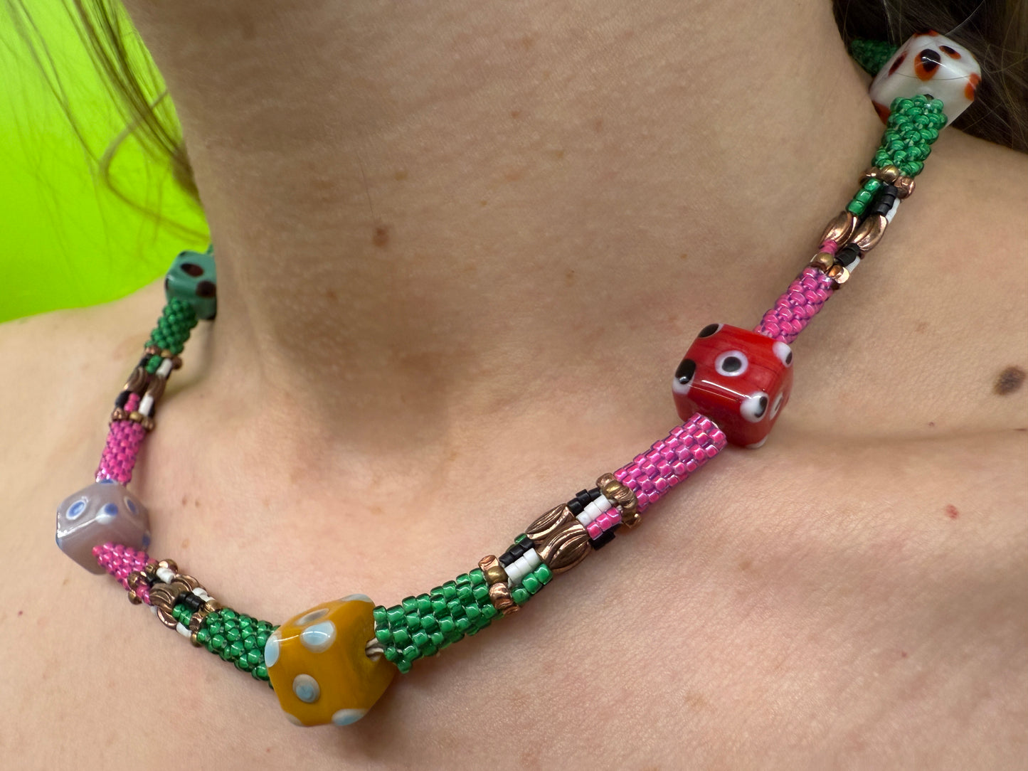 Daniela Mamon dice beaded necklace