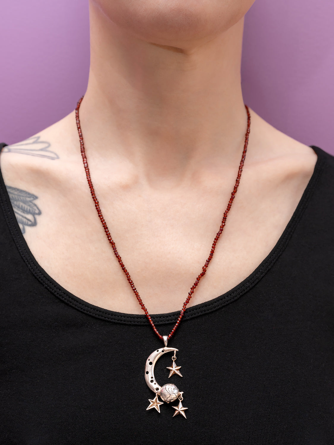 Pied a Terre vintage earth moon and stars pendant on 24" hand strung natural garnet strand