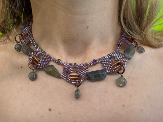 Daniela Mamon beaded iridescent purple labradorite lace collar necklace