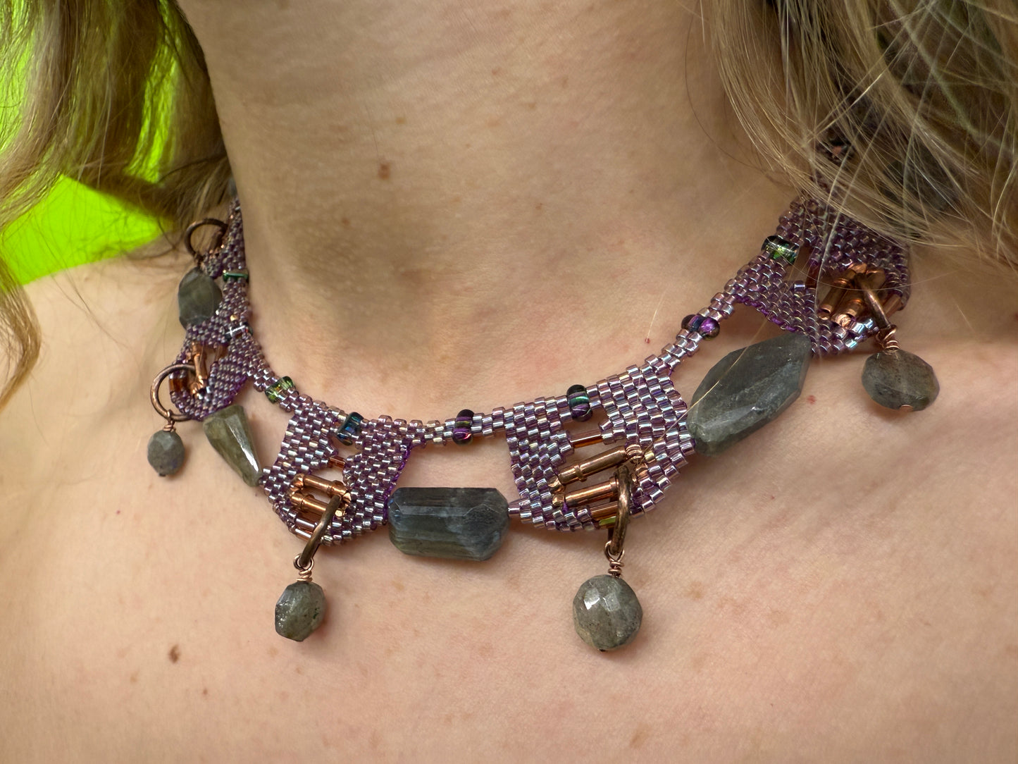 Daniela Mamon beaded iridescent purple labradorite lace collar necklace