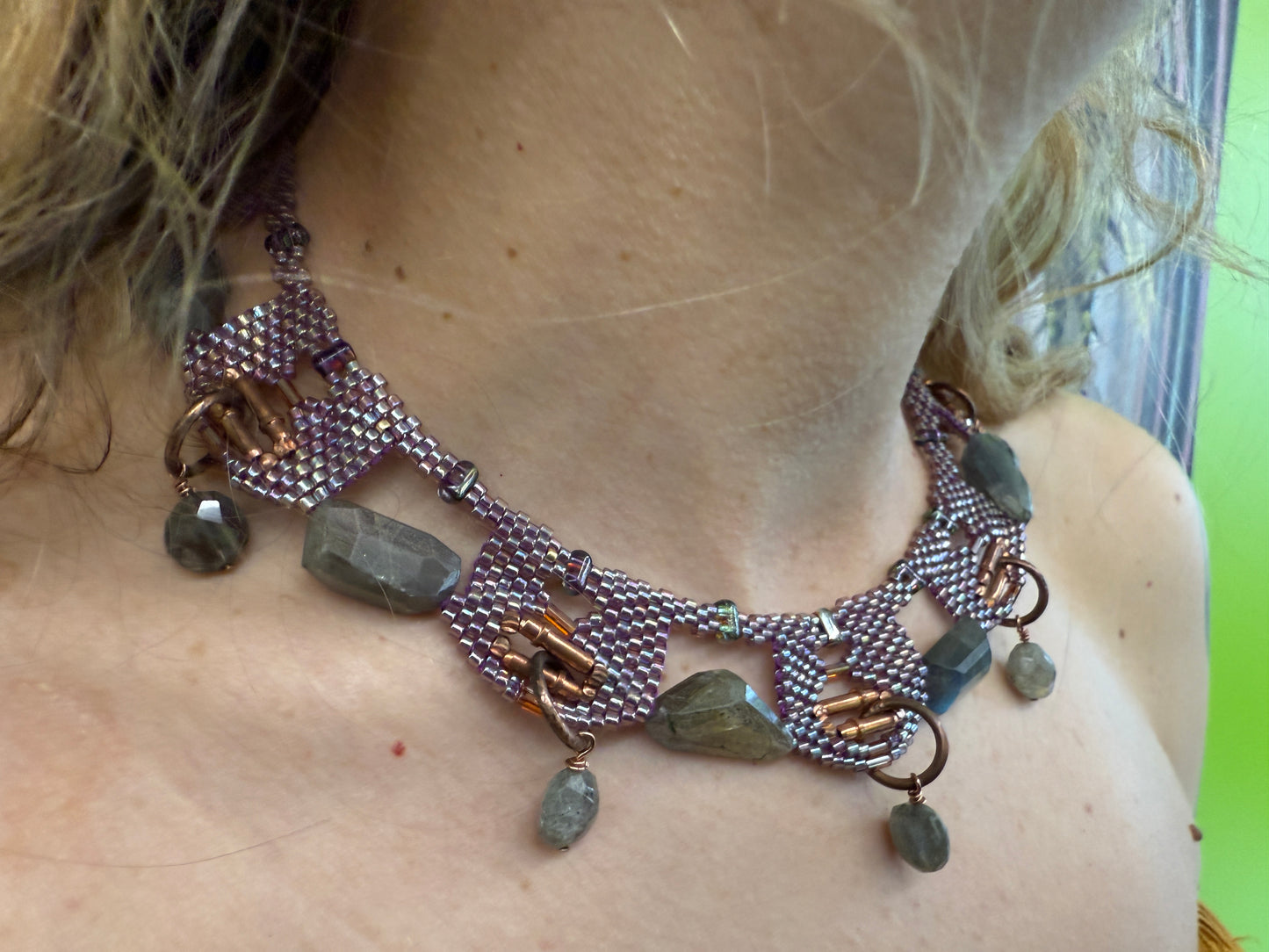 Daniela Mamon beaded iridescent purple labradorite lace collar necklace