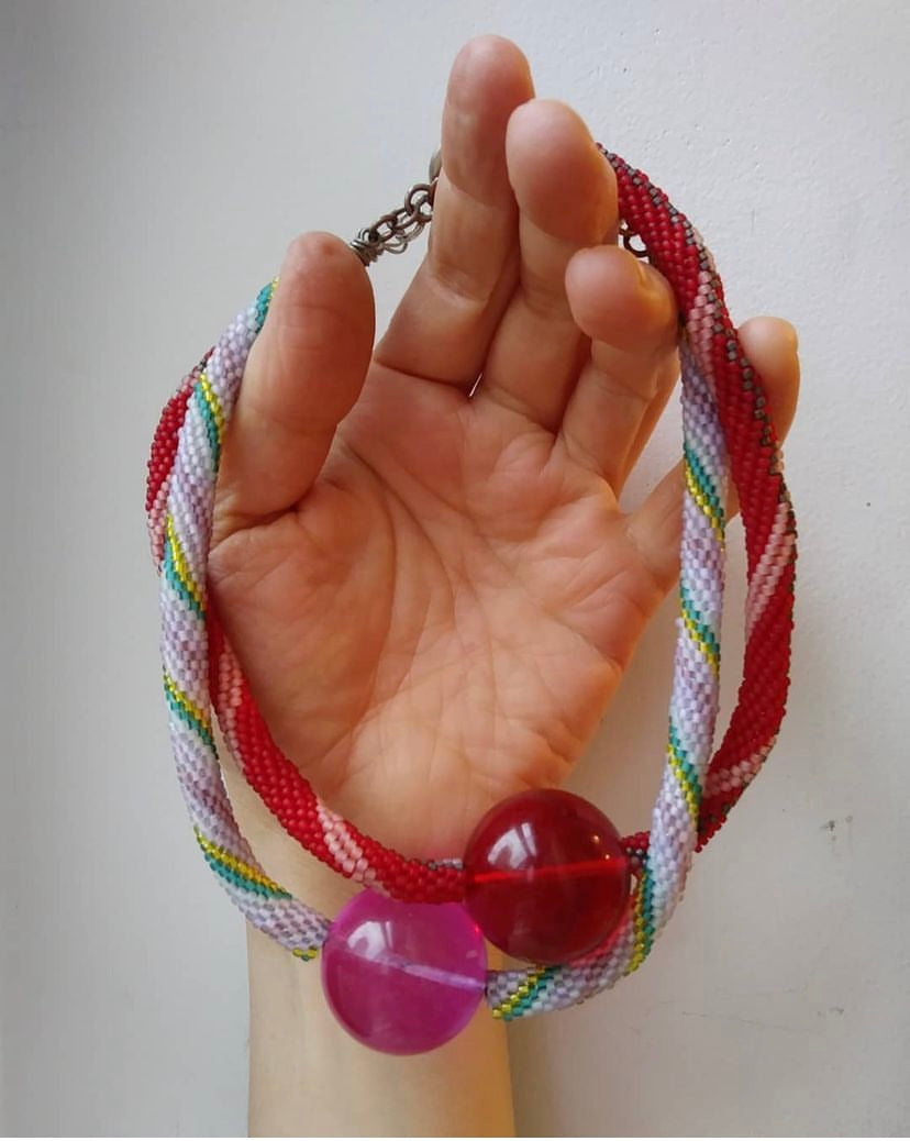 Glass Seed Beaded Necklace with Glass Red Ball by Daniela Mamon