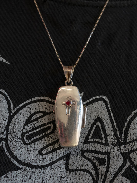 Pied a Terre Silver Coffin functional pillbox pendant featuring natural 3mm ruby at center