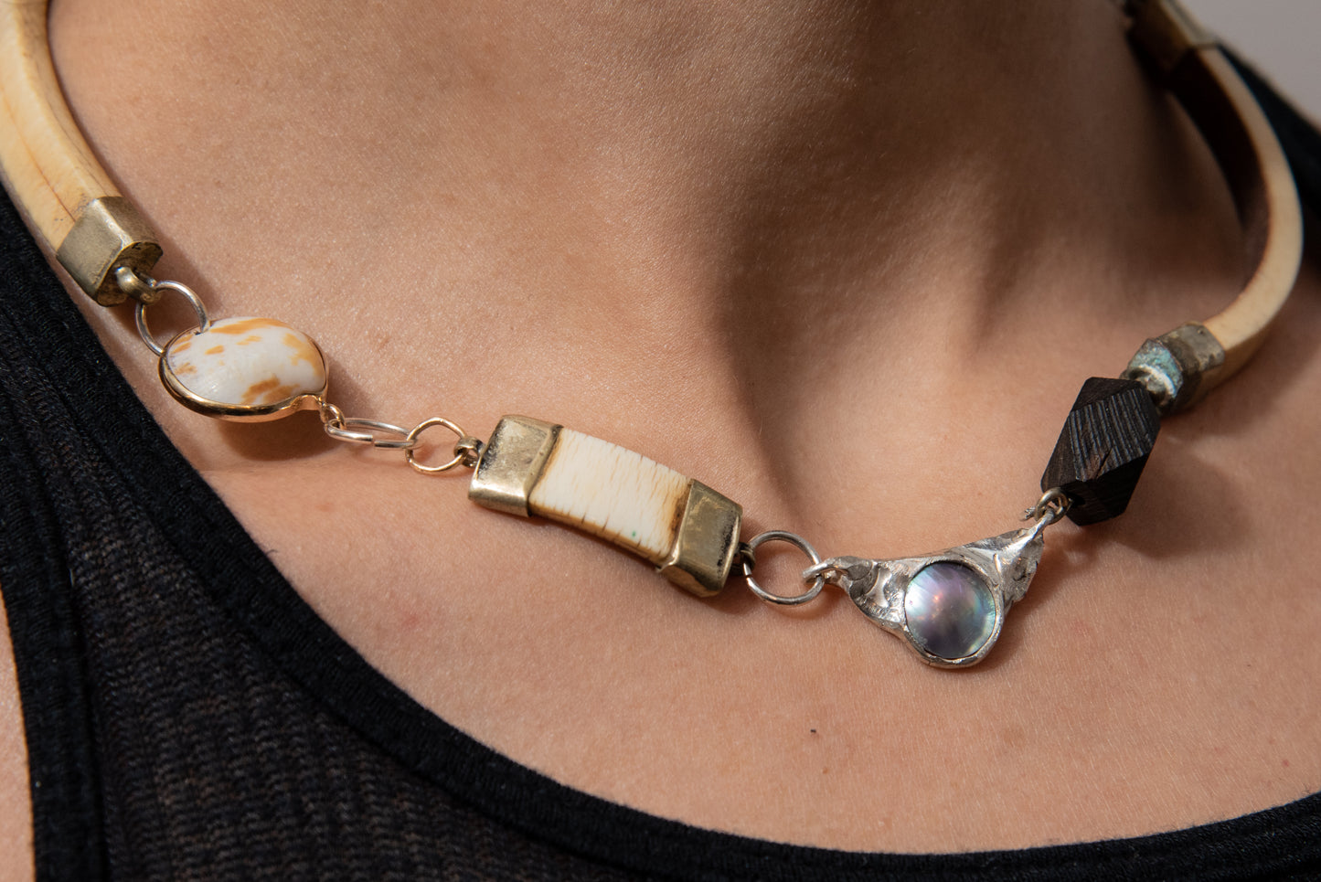 Vintage Yak Bone, Wood, Cortez Pearl,Sterling Silver with 14k Gold and Shell. Necklace by Gabrielle Valenti